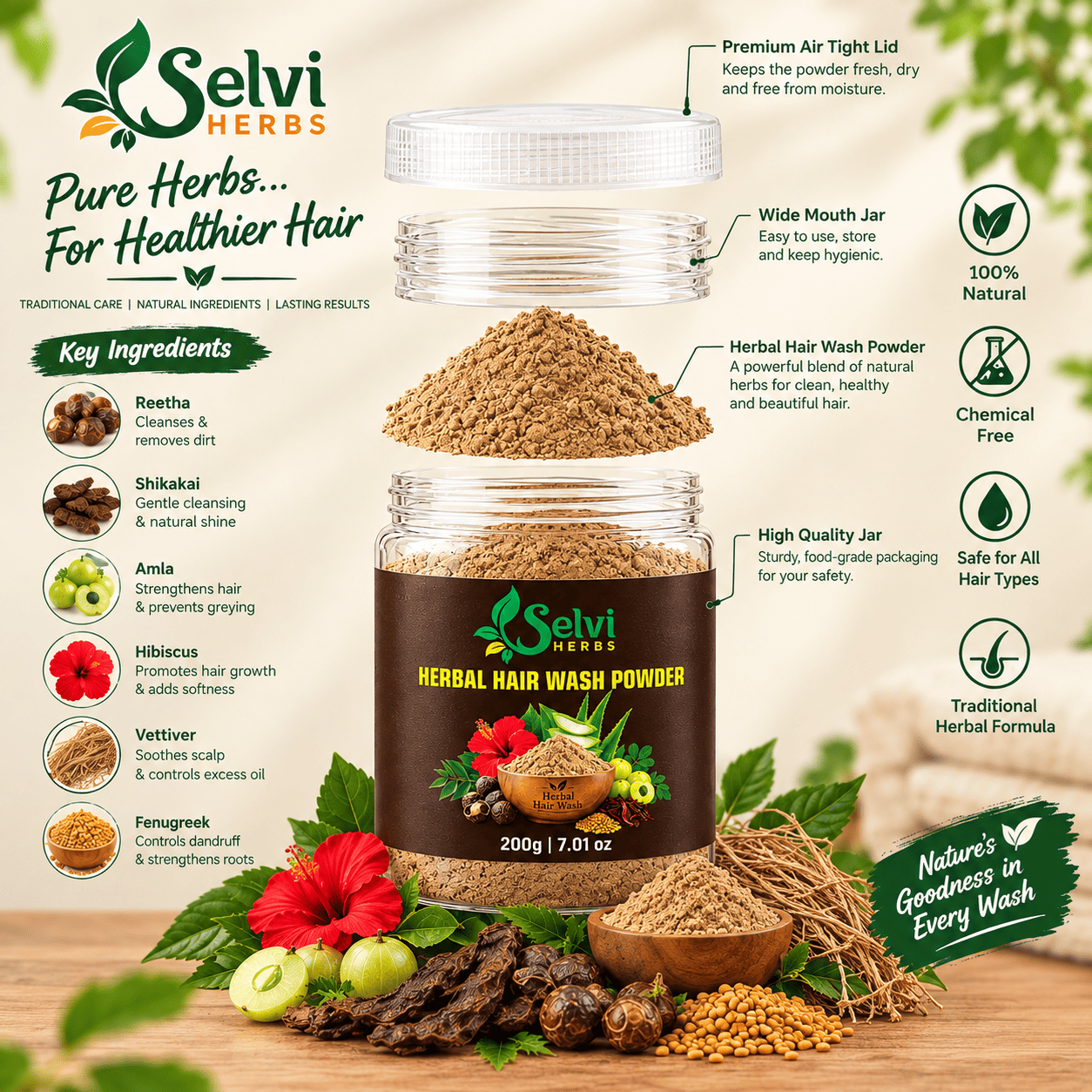 Selvi Herbal Hair Wash Infographic image
